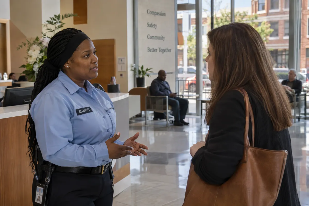 Illustrative private security work in Birmingham, Alabama: Black female hospital security officer in pale-blue uniform shirt talking calmly to a visitor beside reception. Hospital front windows show an ordinary Birmingham Alabama brick city setting.