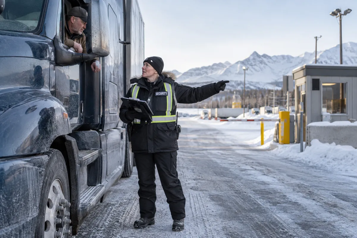 Illustrative private security work in Anchorage, Alaska: Female officer assisting truck driver at snowy logistics checkpoint