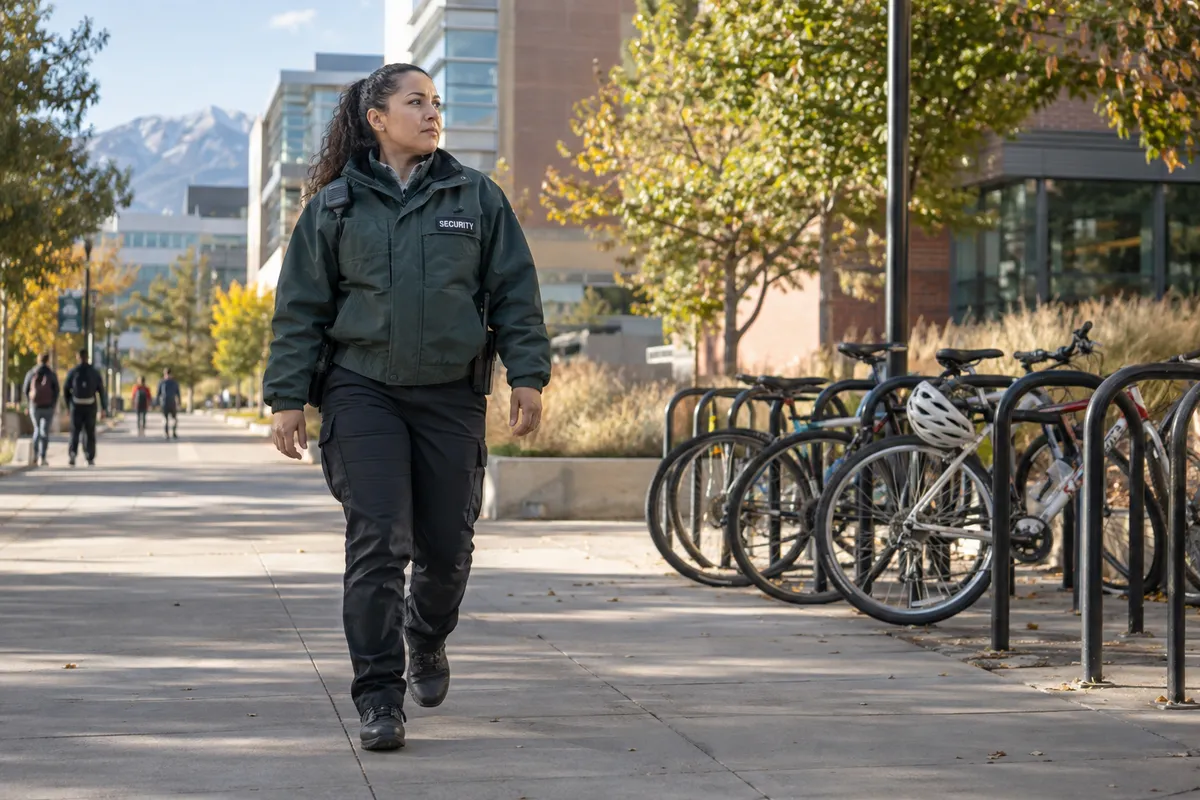 Illustrative private security work in Denver, Colorado: Woman conducting exterior campus patrol beside bike rack