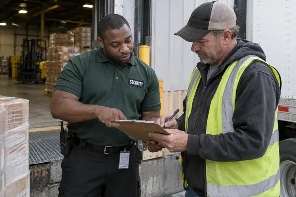 Illustrative private security work in Wilmington, Delaware: Male private security officer in a dark green polo and black trousers checking a loading-bay clipboard with a delivery driver. Working Wilmington Delaware warehouse.