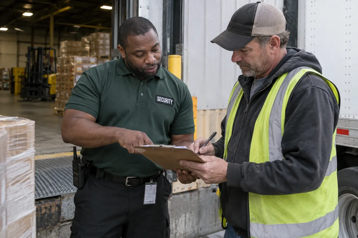 Illustrative private security work in Wilmington, Delaware: Male private security officer in a dark green polo and black trousers checking a loading-bay clipboard with a delivery driver. Working Wilmington Delaware warehouse.