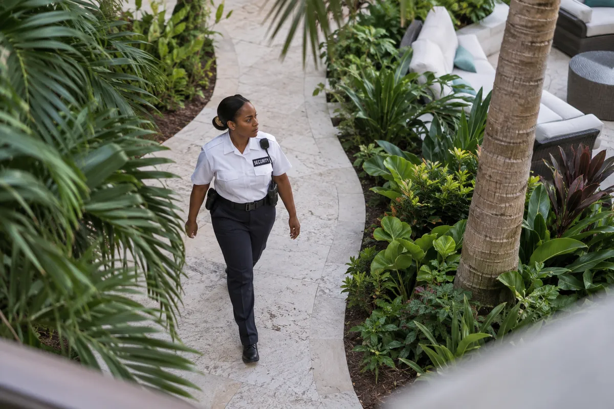 Illustrative private security work in Miami, Florida: Black woman officer walking a landscaped hotel courtyard