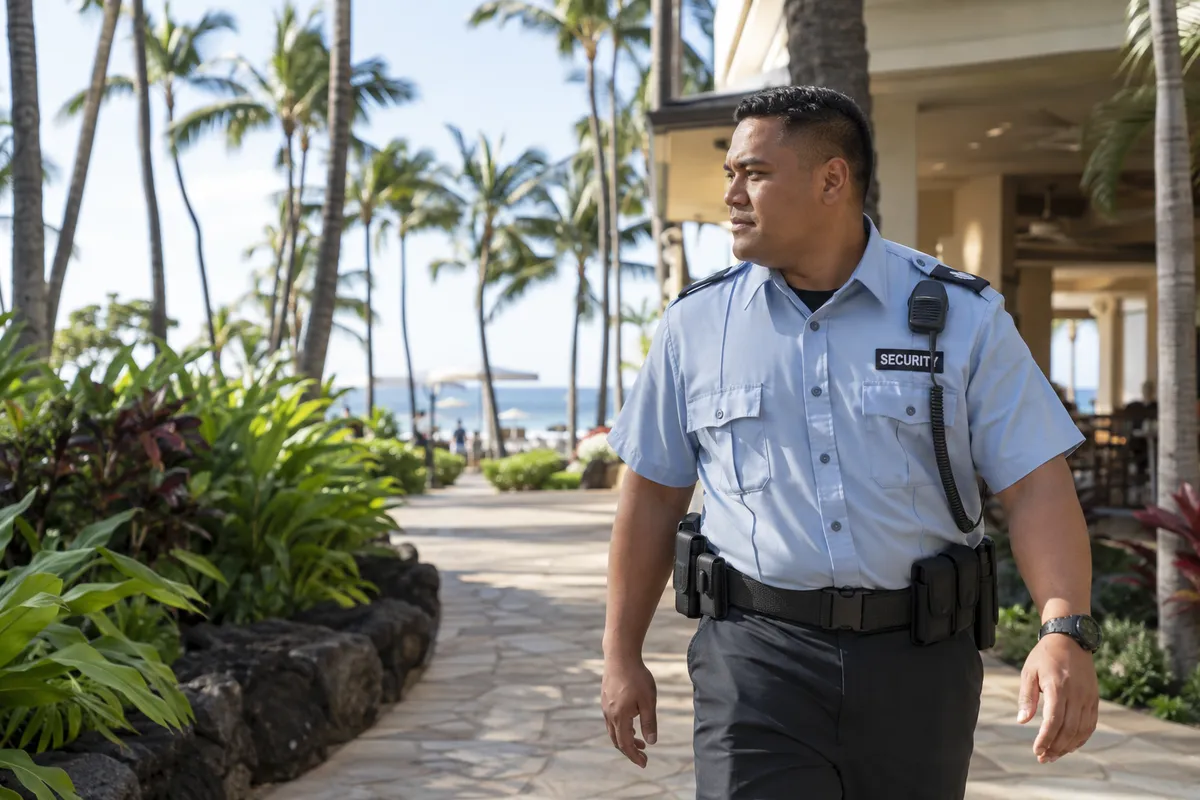Illustrative private security work in Honolulu, Hawaii: Pacific Islander man checking resort walkway