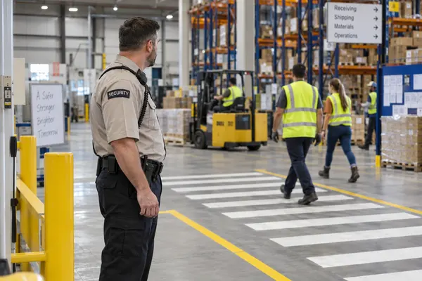 Illustrative private security work in Boise, Idaho: Officer at warehouse interior pedestrian crossing