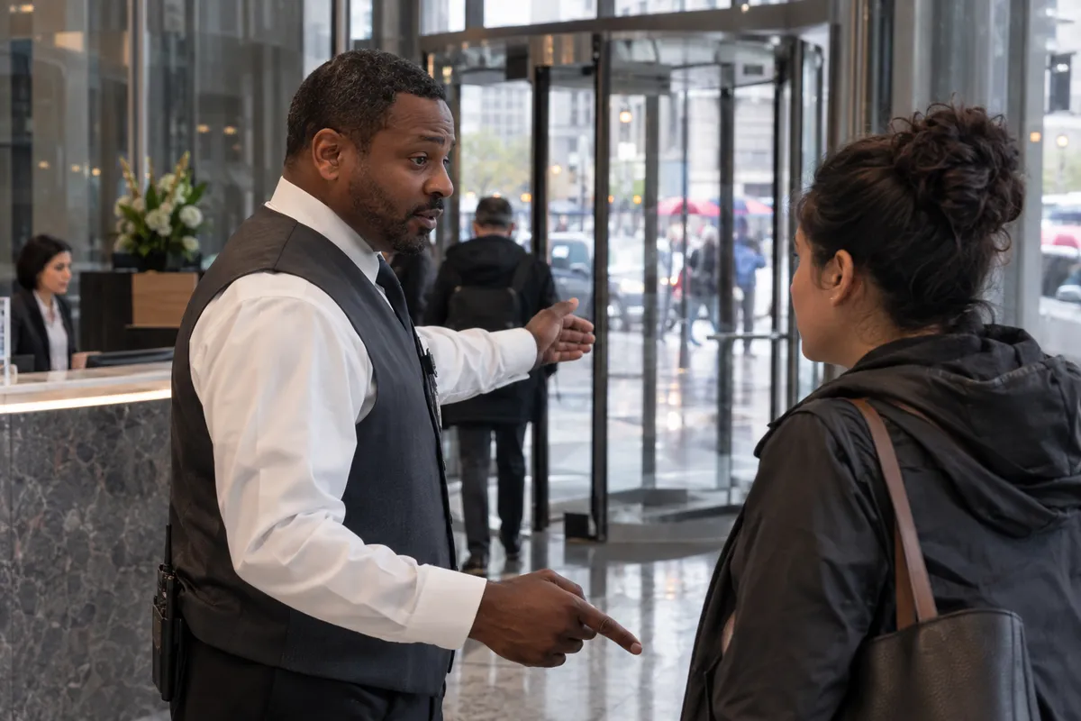 Illustrative private security work in Chicago, Illinois: Black male officer assisting office visitor at revolving-door lobby