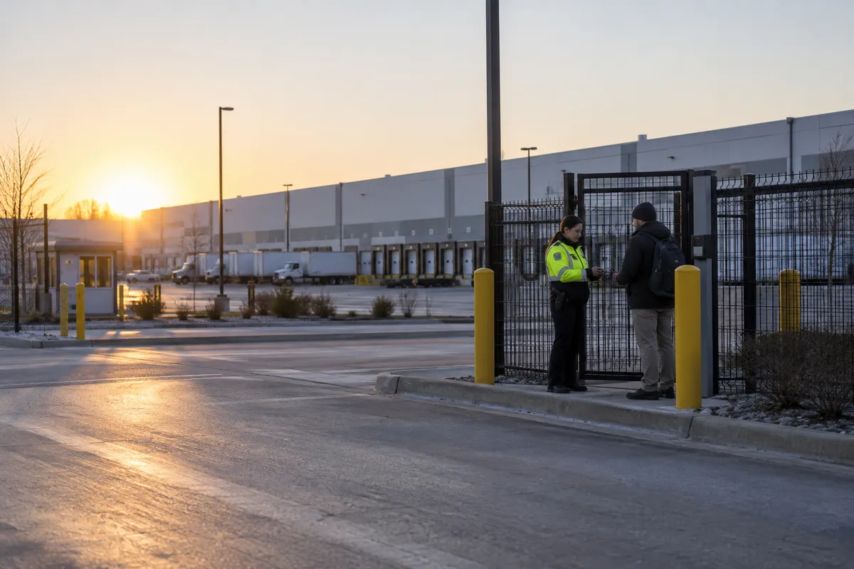 Illustrative private security work in Indianapolis, Indiana: Female officer checking pedestrian access at distribution centre