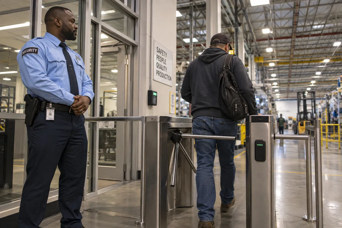 Illustrative private security work in Wichita, Kansas: Black man monitoring manufacturer employee turnstile
