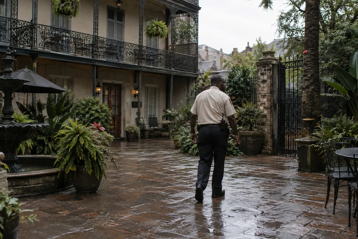 Illustrative private security work in New Orleans, Louisiana: Male officer conducting hotel courtyard patrol