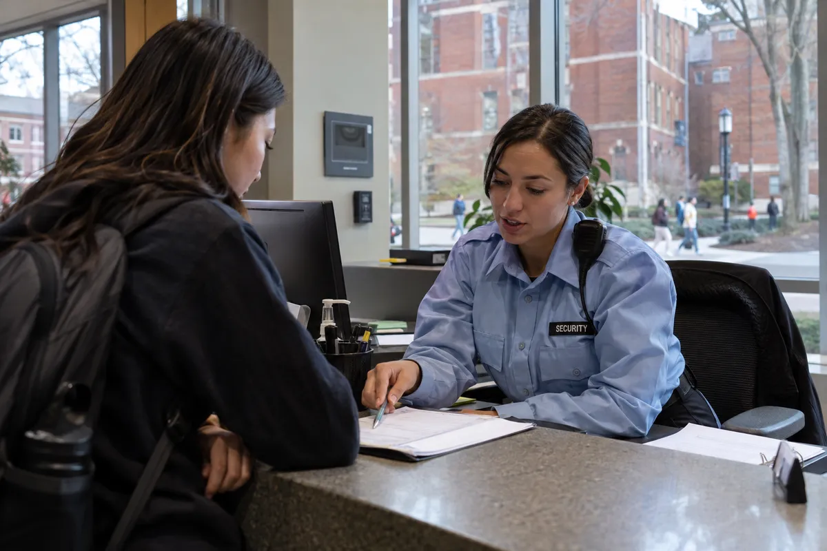Illustrative private security work in Boston, Massachusetts: Female university private security officer in a crisp light-blue shirt at a university security desk advising a student, brick Boston campus buildings visible through windows.