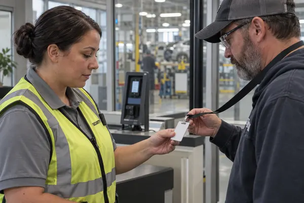 Illustrative private security work in Detroit, Michigan: Female officer inspecting visitor badge at automotive facility