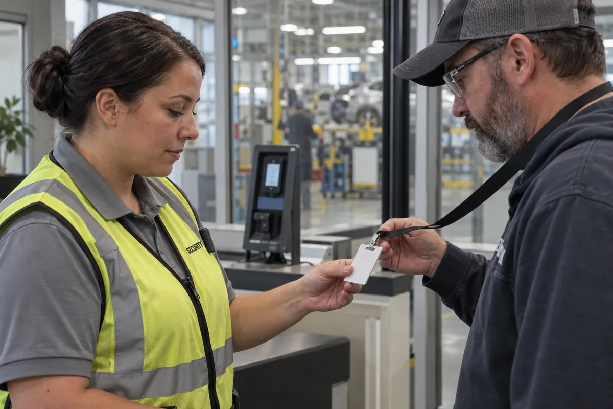 Illustrative private security work in Detroit, Michigan: Female officer inspecting visitor badge at automotive facility