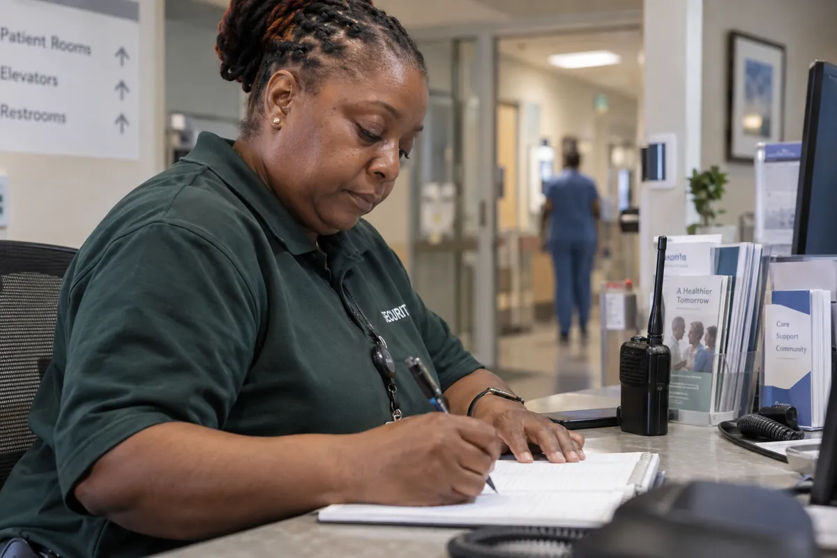 Illustrative private security work in Jackson, Mississippi: Black woman completing incident notes at hospital security desk