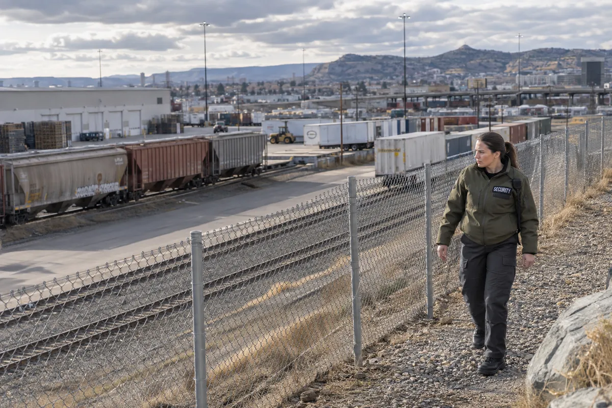 Illustrative private security work in Billings, Montana: Female officer inspecting freight yard perimeter