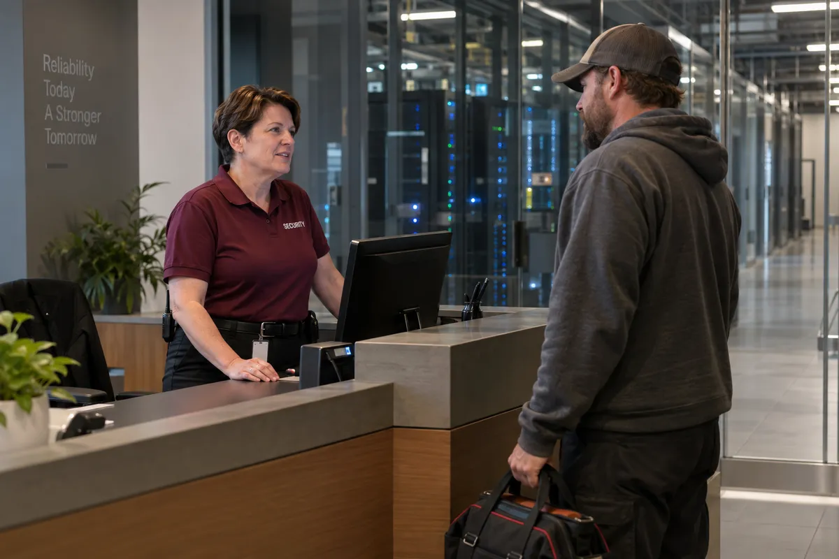Illustrative private security work in Omaha, Nebraska: Female officer greeting contractor at data-centre control desk