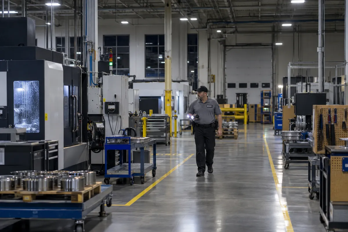 Illustrative private security work in Manchester, New Hampshire: Male private security officer in grey polo performing an overnight patrol on a manufacturing floor in Manchester New Hampshire. Industrial machines and clean marked walkways.