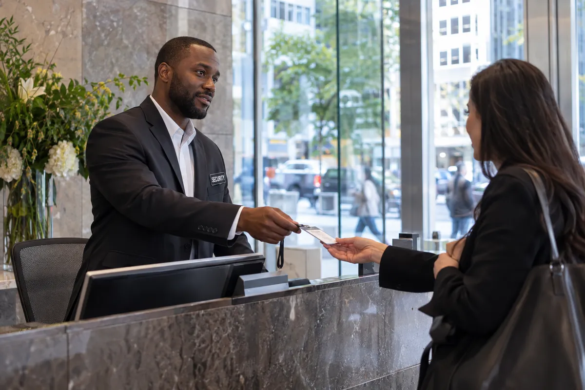 Illustrative private security work in New York City, New York: Black concierge security issuing visitor pass at lobby desk
