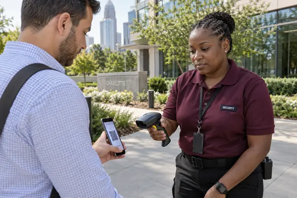 Illustrative private security work in Charlotte, North Carolina: Black female security officer in burgundy polo checking a business-campus visitor QR pass using a handheld scanner outside landscaped modern office buildings in Charlotte North Carolina.