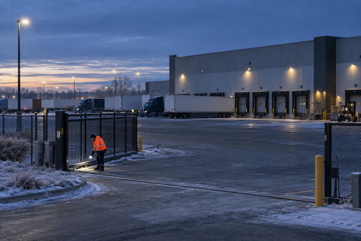 Illustrative private security work in Fargo, North Dakota: Male officer inspecting logistics-yard gate