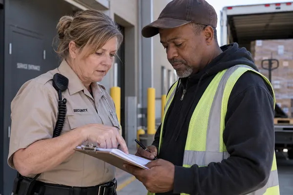 Illustrative private security work in Oklahoma City, Oklahoma: Woman officer checking delivery manifest with driver at energy-office service entrance
