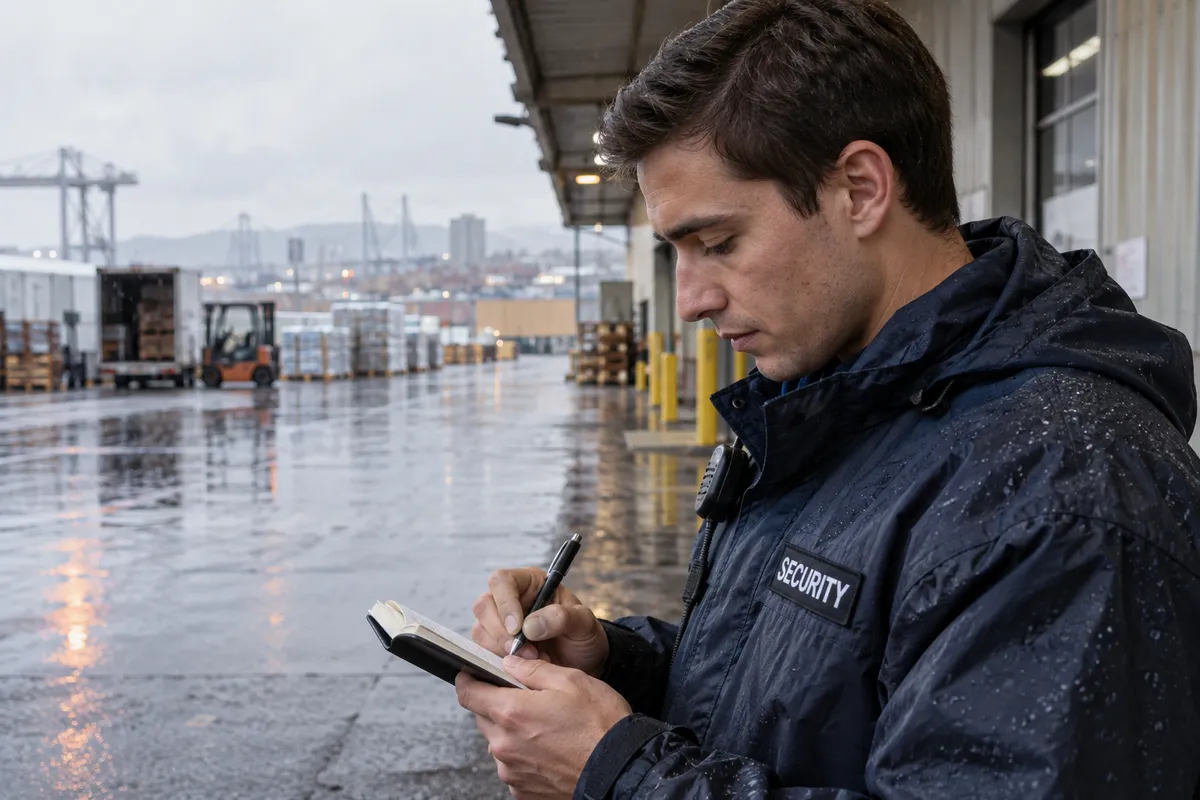Illustrative private security work in Portland, Oregon: Younger male recording an inspection under industrial awning
