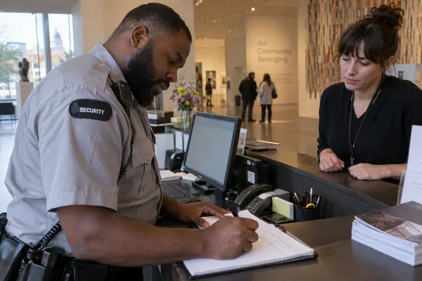 Illustrative private security work in Providence, Rhode Island: Black male private security officer in a light-grey uniform shirt making incident notes at an arts-centre front desk in Providence Rhode Island.