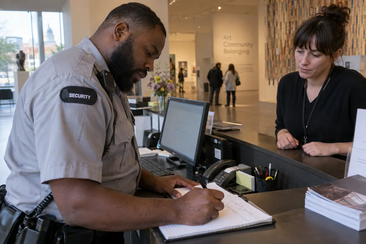 Illustrative private security work in Providence, Rhode Island: Black male private security officer in a light-grey uniform shirt making incident notes at an arts-centre front desk in Providence Rhode Island.