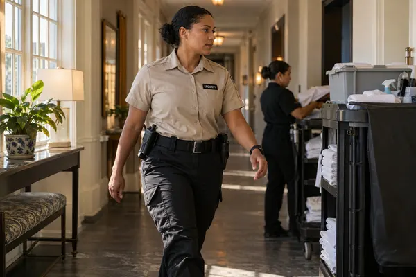Illustrative private security work in Charleston, South Carolina: Female private security officer in a beige shirt and black practical trousers walking a working hotel service corridor in Charleston South Carolina.