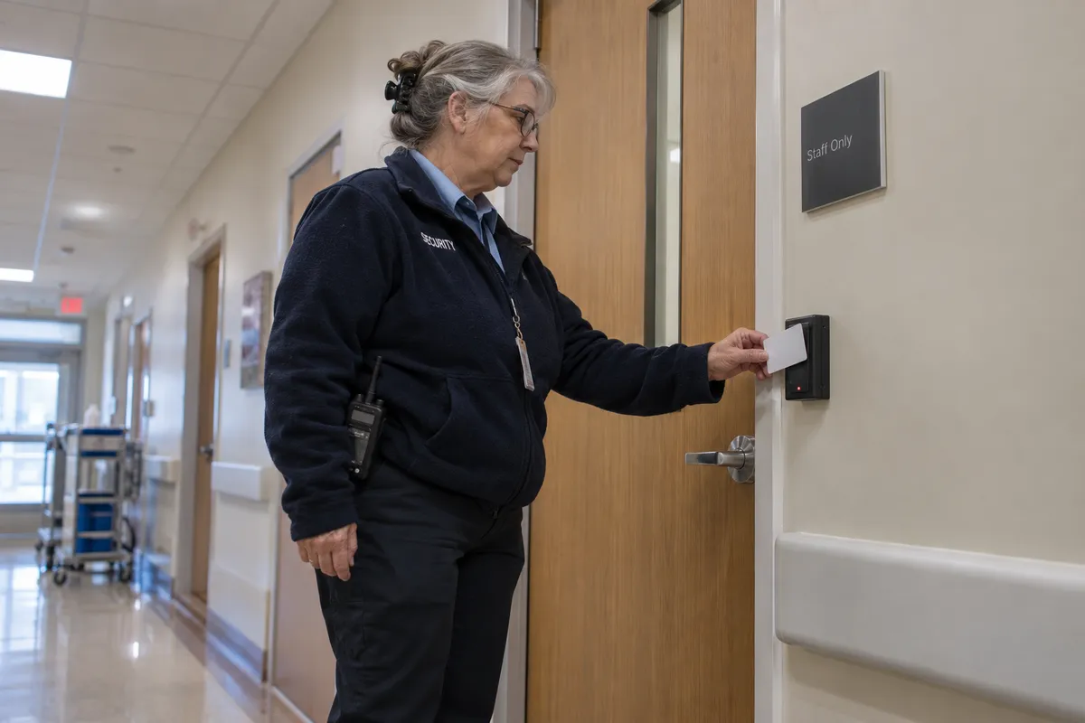Illustrative private security work in Sioux Falls, South Dakota: Older woman checking access door in healthcare staff corridor