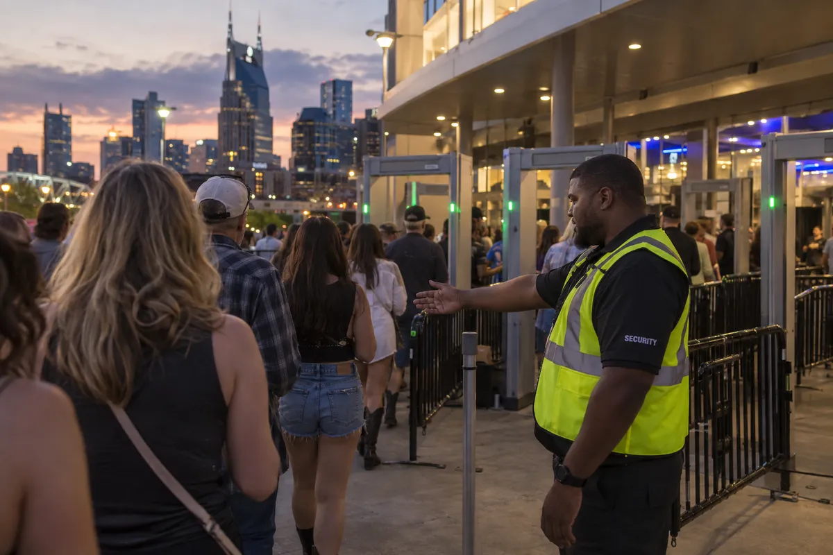 Illustrative private security work in Nashville, Tennessee: Black male officer managing venue pedestrian entry lanes