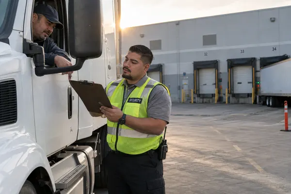 Illustrative private security work in Houston, Texas: Hispanic man checking a vehicle delivery at distribution site