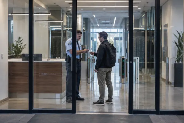 Illustrative private security work in Salt Lake City, Utah: Male officer verifying badge at data-centre lobby