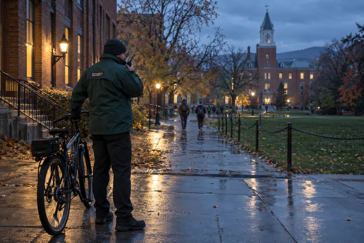 Illustrative private security work in Burlington, Vermont: Male private security officer in deep-green waterproof coat doing evening university campus bicycle patrol in Burlington Vermont. Bicycle stationary beside him while checking handheld radio, wet pavement and red brick campus.