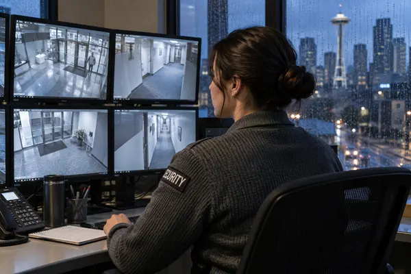 Illustrative private security work in Seattle, Washington: Woman monitoring building CCTV desk