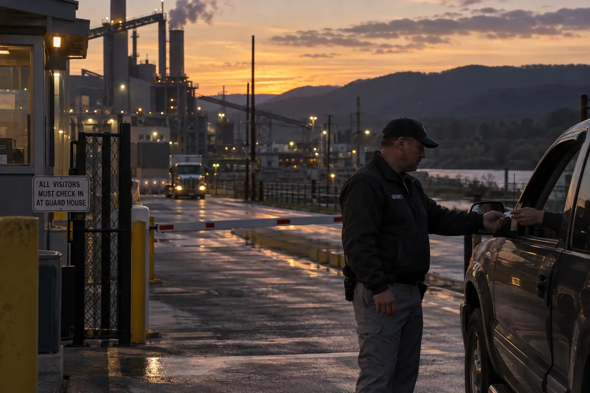 Illustrative private security work in Charleston, West Virginia: Male private security officer in charcoal work jacket and grey trousers conducting an industrial plant gate inspection in Charleston West Virginia, low mountains incidental in distance.