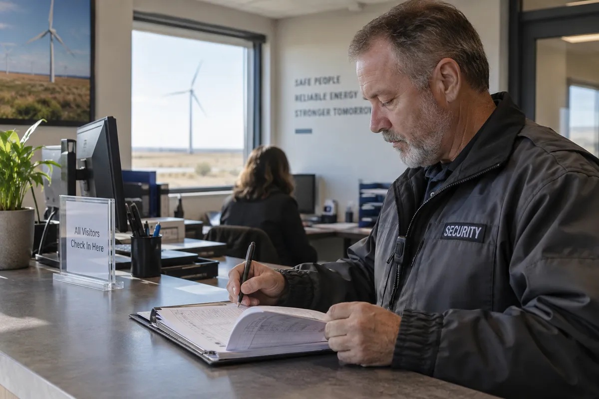 Illustrative private security work in Cheyenne, Wyoming: Mature man examining visitor log at windfarm operations reception