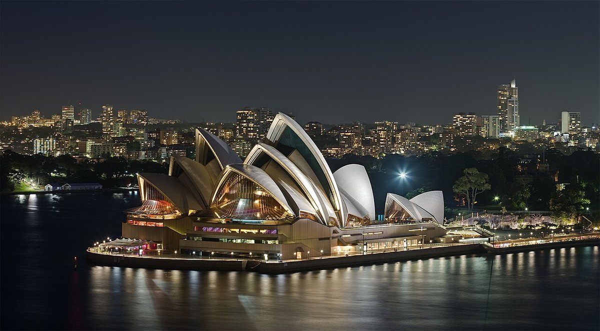 Sydney Opera House at night, viewed from the Harbour Bridge, Australia