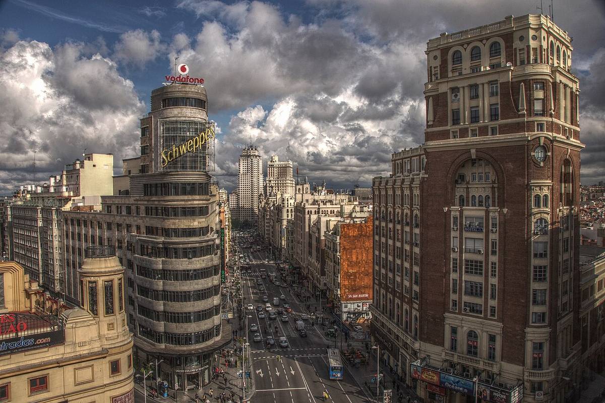 Gran Vía and its historic buildings in Madrid, Spain