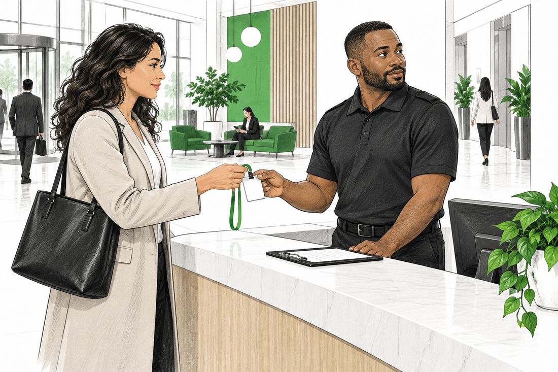 Illustrated learning scenario: a security officer helping a visitor