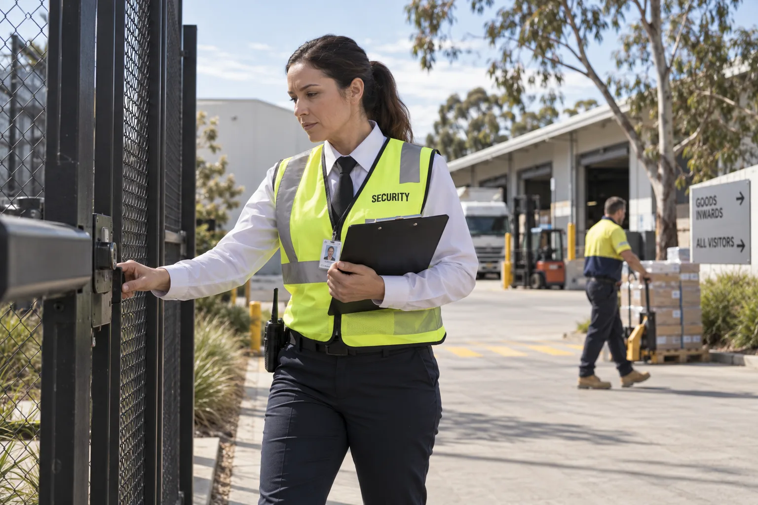 AI illustration of an Australian security officer in a white shirt and high-visibility vest checking a commercial-site gate.