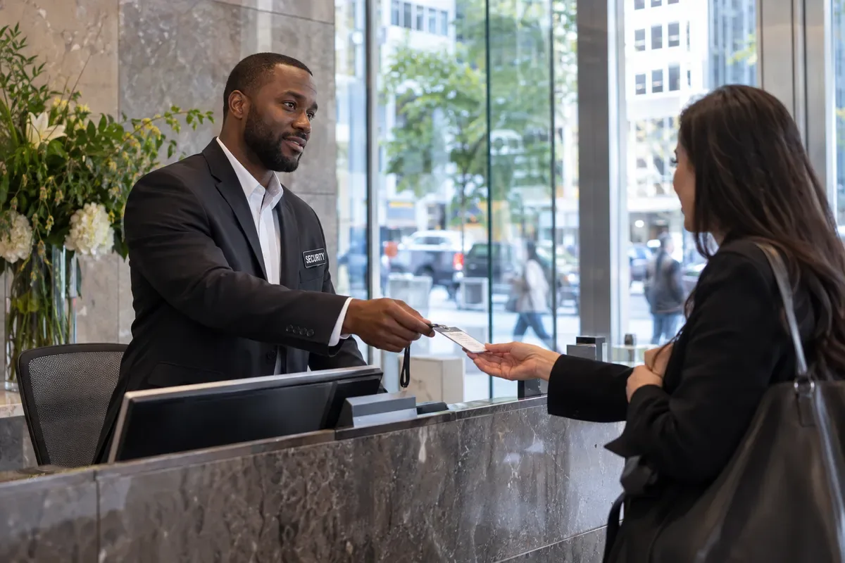 AI illustration of a private security officer welcoming a visitor at a New York office reception.
